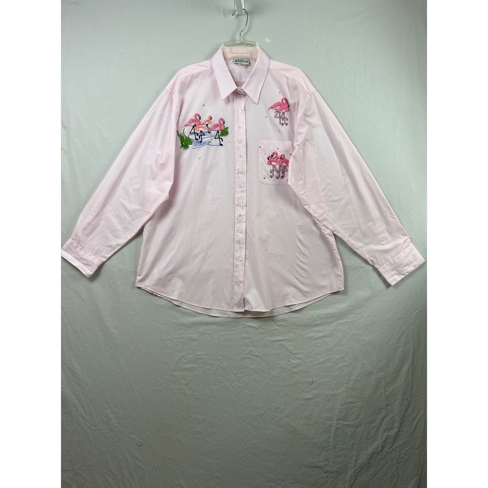 Las Olas Flamingo Button Down Shirt Women XL Pink Pinstripe Embroidered Tropical